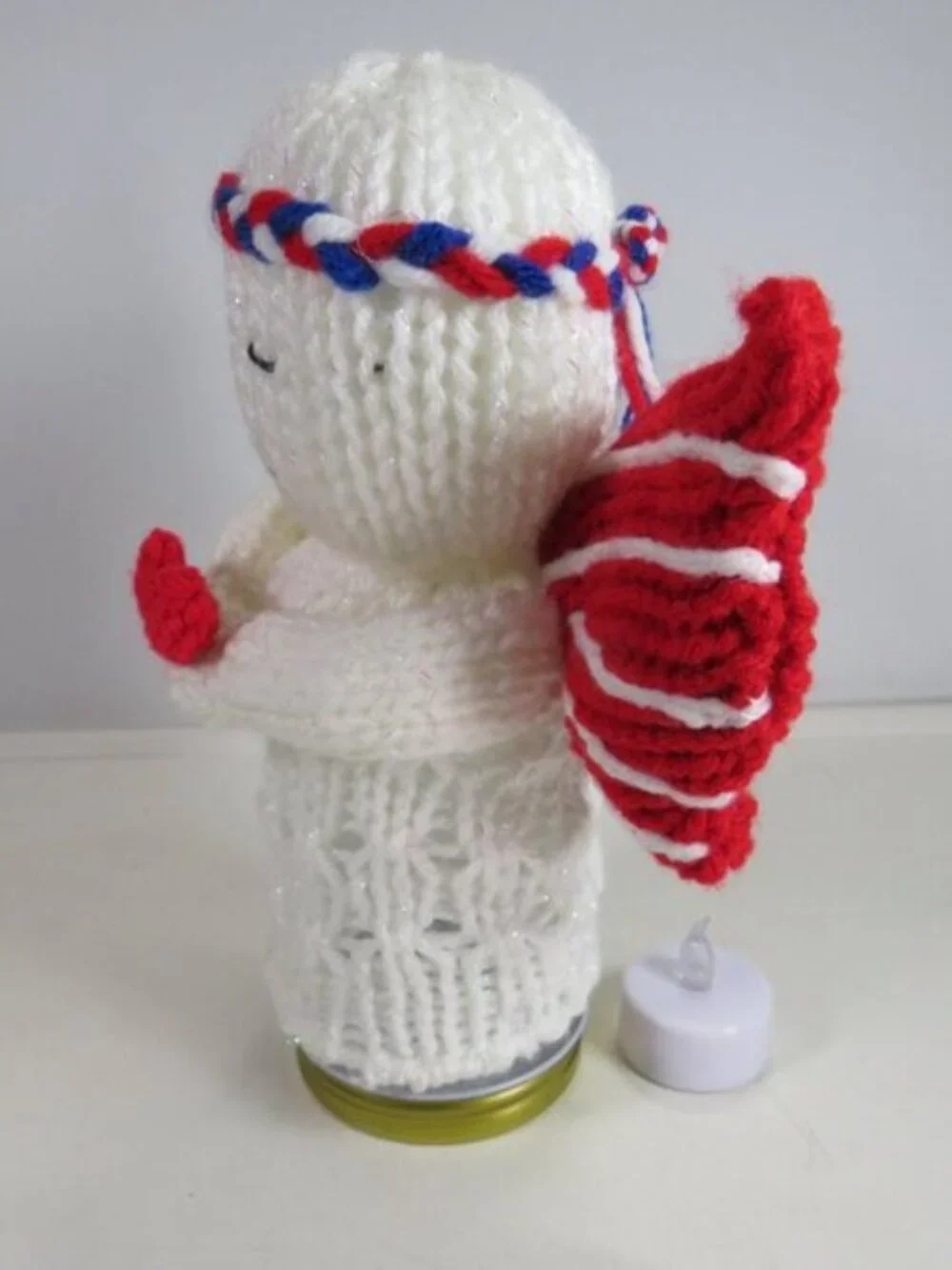 Handmade Patriotic Crochet Angel Basket Lighted Mason Jar Memorial Home Nursery